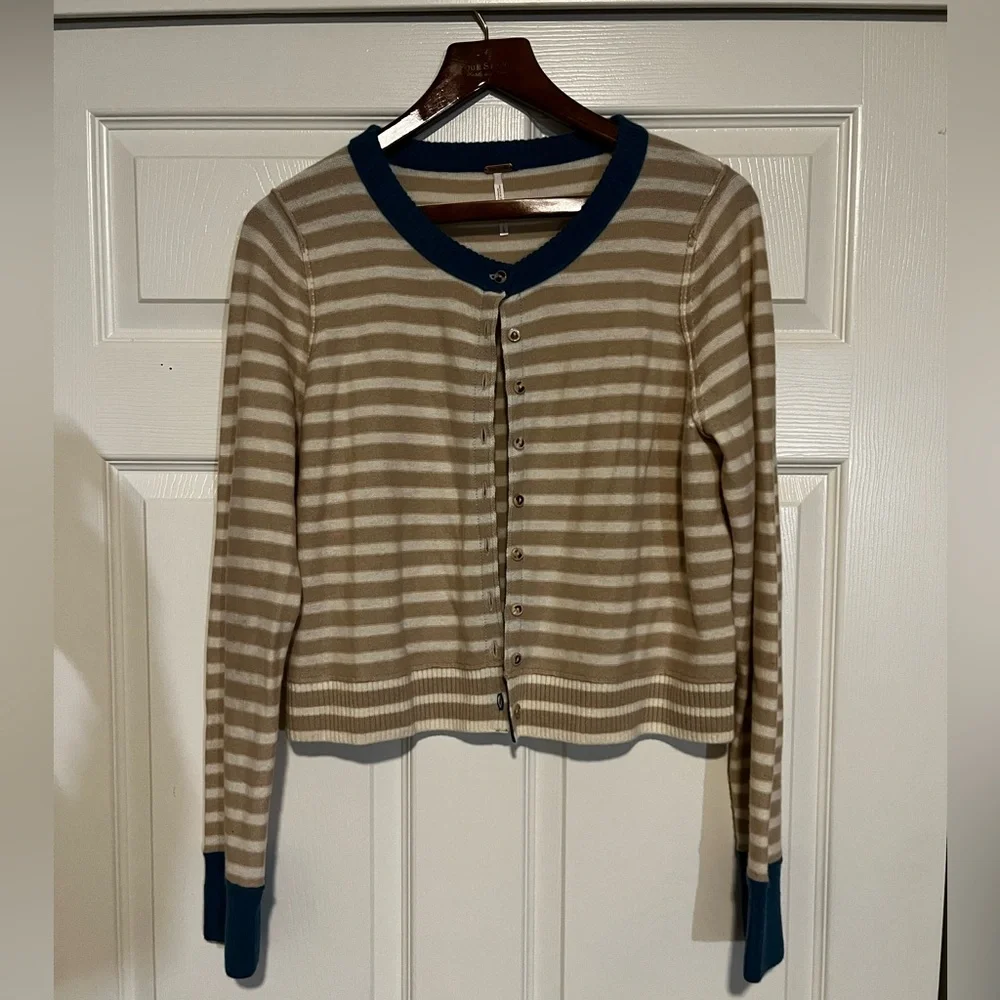 Free People Teal and Beige Striped Knit Top - Picture 1 of 2
